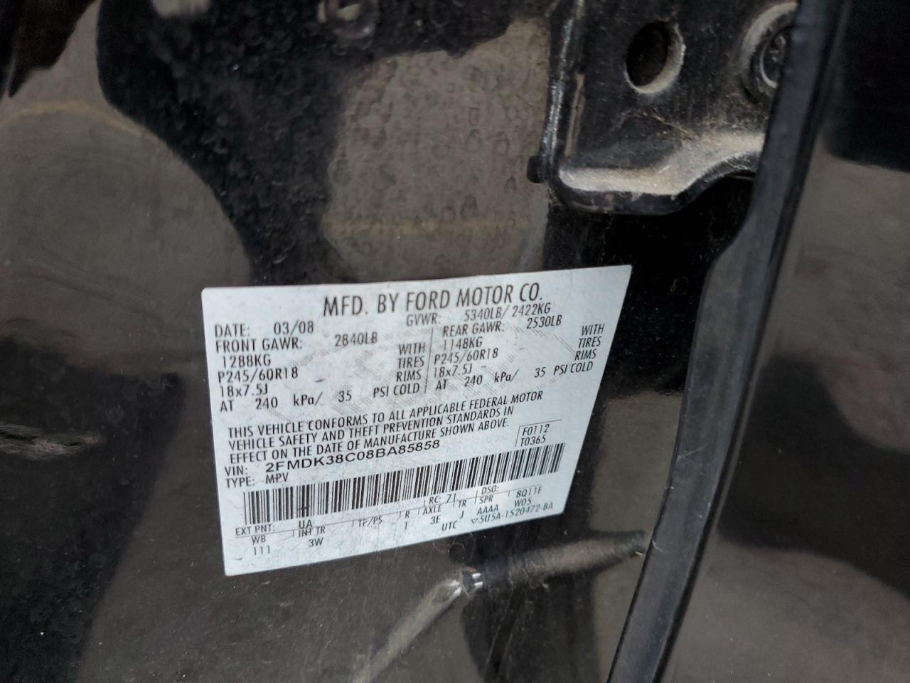 2008 Ford Edge VIN 2FMDK38C08BA85858 Copart auction photo, front end damage thumbnail 13
