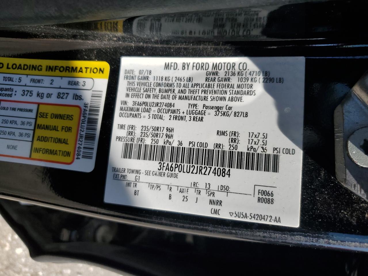 2018 Ford Fusion VIN 3FA6P0LU2JR274084 Copart auction photo, front end damage thumbnail 14