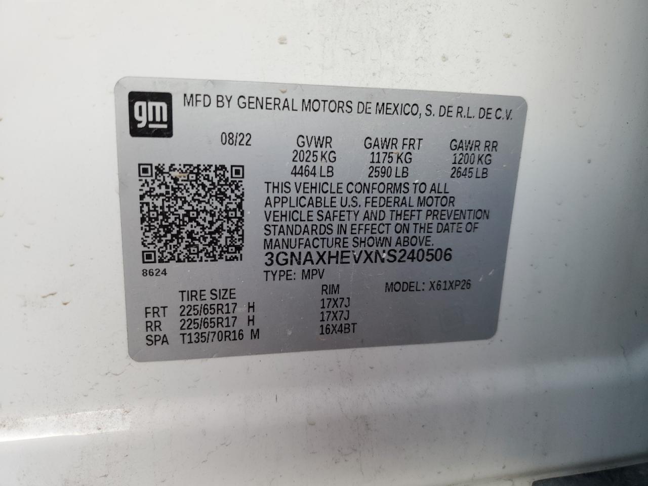 2022 Chevrolet Equinox VIN 3GNAXHEVXNS240506 Copart auction photo, front end damage thumbnail 15