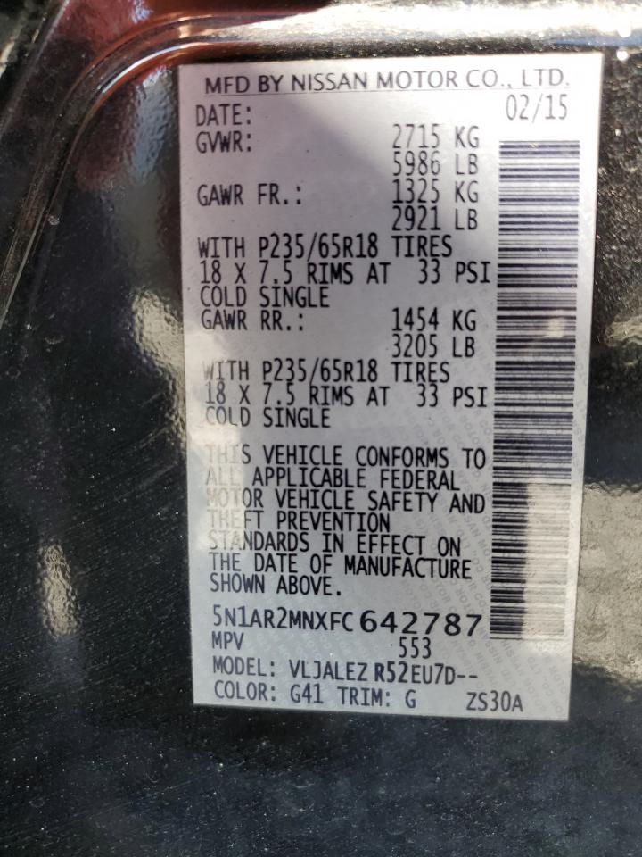 2015 Nissan Pathfinder VIN 5N1AR2MNXFC642787 Copart auction photo, top/roof damage thumbnail 13