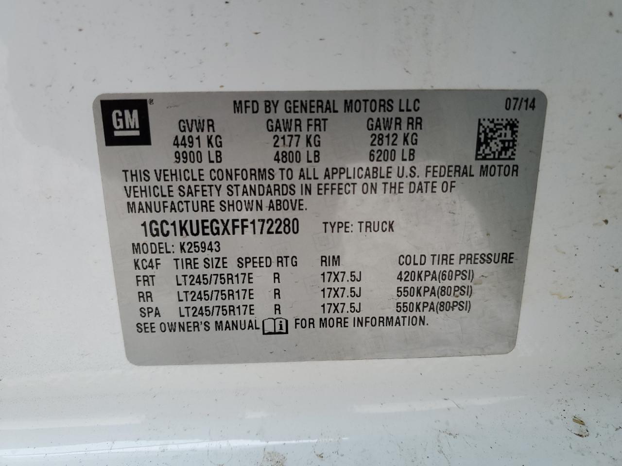 2015 Chevrolet Silverado VIN 1GC1KUEGXFF172280 Copart auction photo, stripped / front end damage thumbnail 14