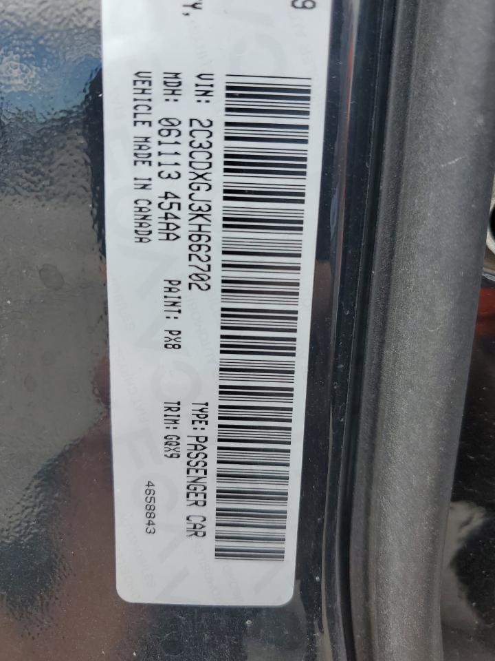 2019 Dodge Charger VIN 2C3CDXGJ3KH662702 Copart auction photo, water/flood / minor dent/scratches damage thumbnail 12