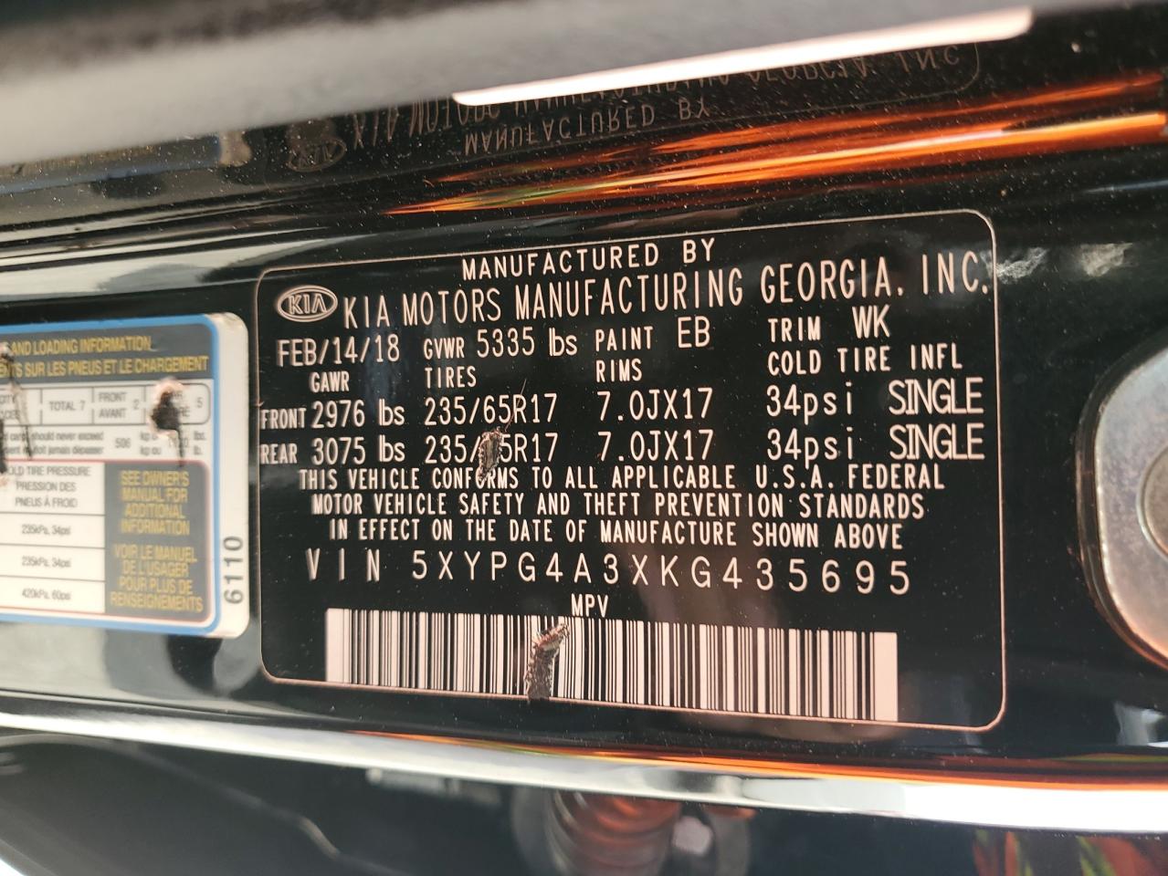 2019 KIA Sorento VIN 5XYPG4A3XKG435695 Copart auction photo, front end damage thumbnail 15