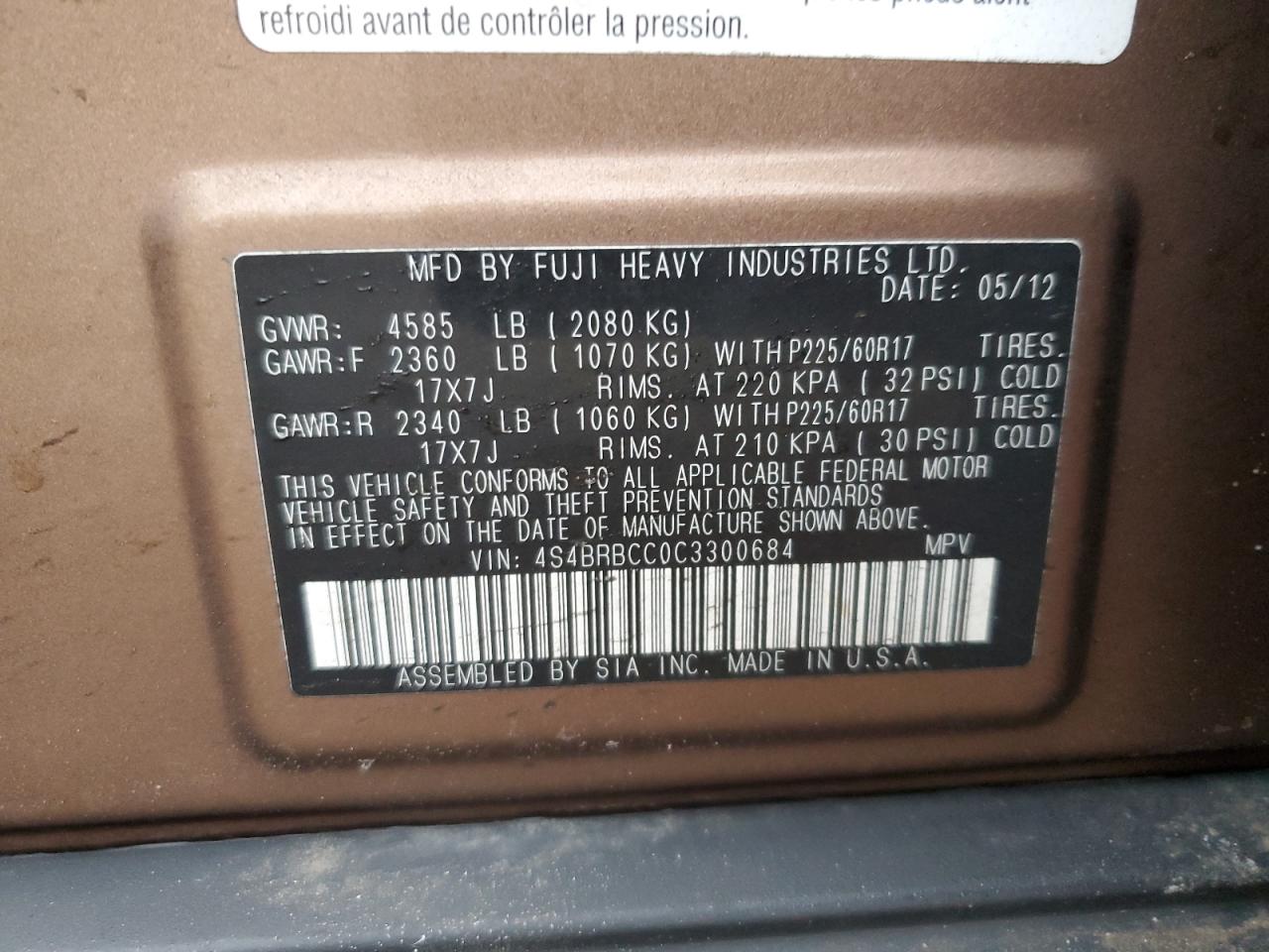 2012 Subaru Outback VIN 4S4BRBCC0C3300684 Copart auction photo, front end / rear end damage thumbnail 15