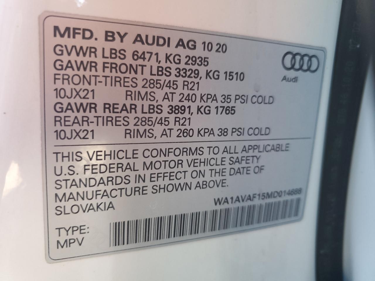 2021 Audi Q8 VIN WA1AVAF15MD014688 Copart auction photo, side / front end damage thumbnail 12