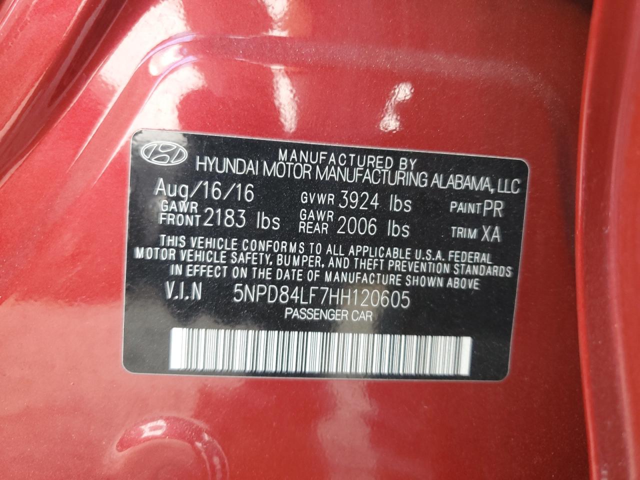 2017 Hyundai Elantra VIN 5NPD84LF7HH120605 Copart auction photo, hail damage thumbnail 12