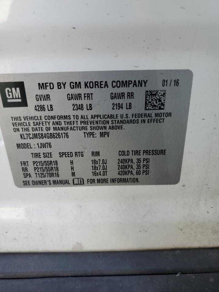 2016 Chevrolet Trax VIN KL7CJMSB4GB626176 Copart auction photo, front end / minor dent/scratches damage thumbnail 13
