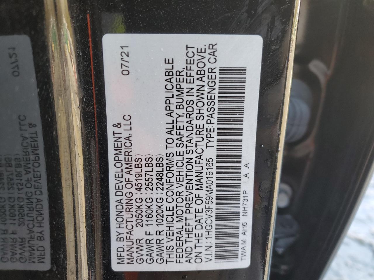 2021 Honda Accord VIN 1HGCV3F59MA019165 Copart auction photo, front end / minor dent/scratches damage thumbnail 12