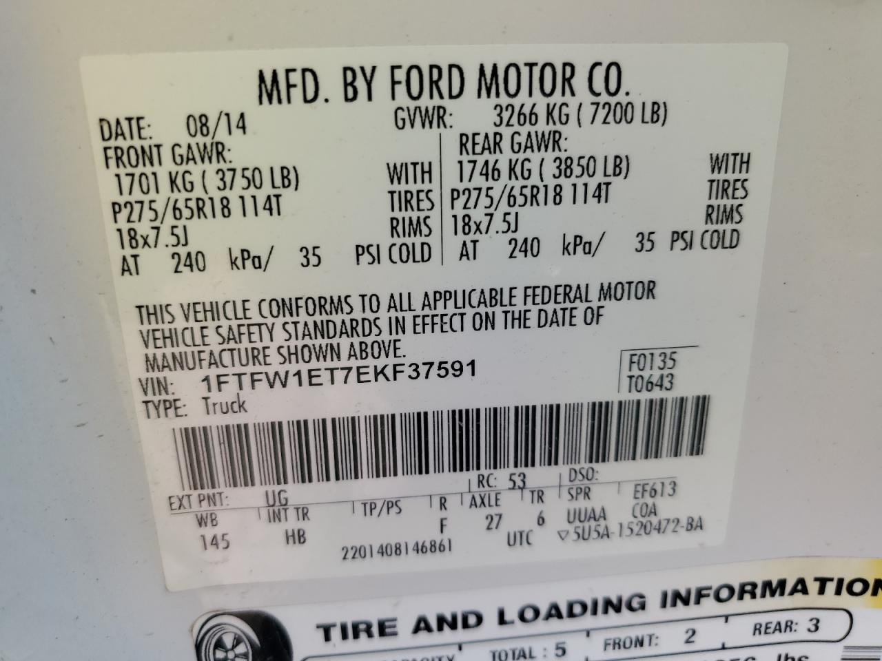 2014 Ford F-150 VIN 1FTFW1ET7EKF37591 Copart auction photo, front end / side damage thumbnail 14
