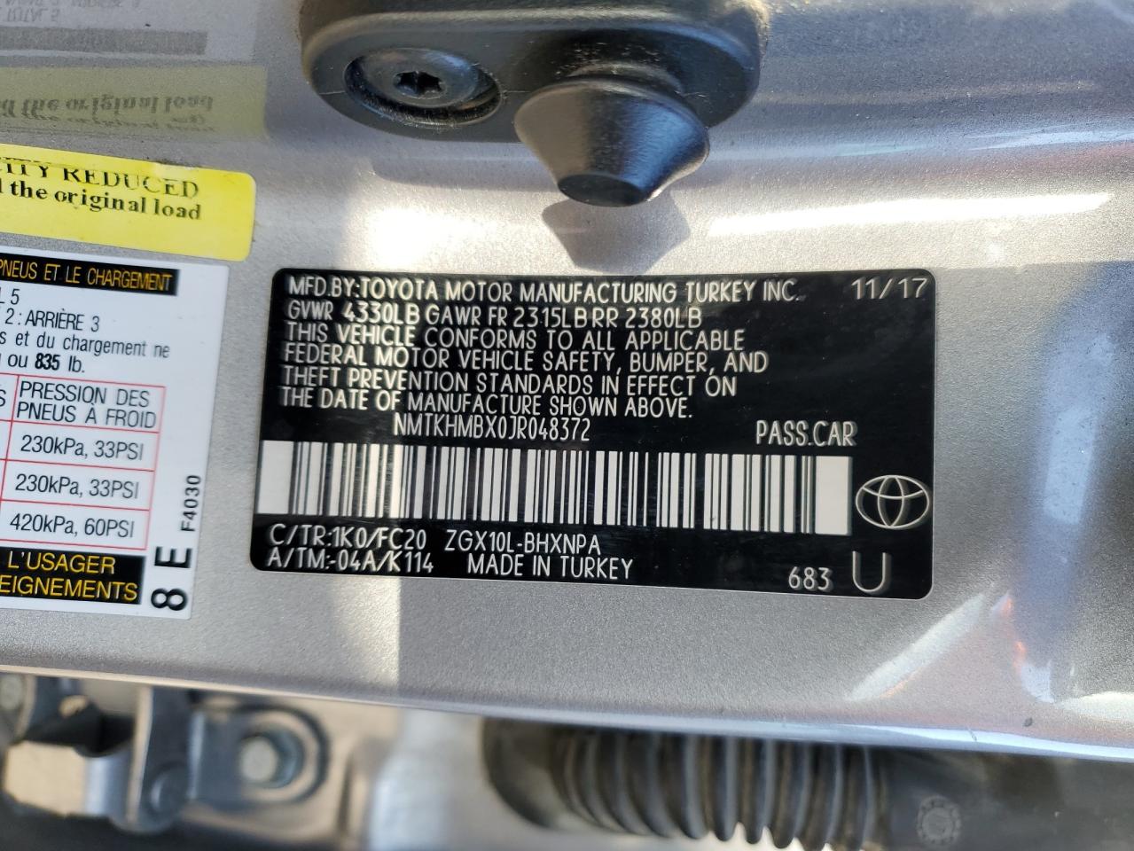 2018 Toyota C-HR VIN NMTKHMBX0JR048372 Copart auction photo, front end / side damage thumbnail 15