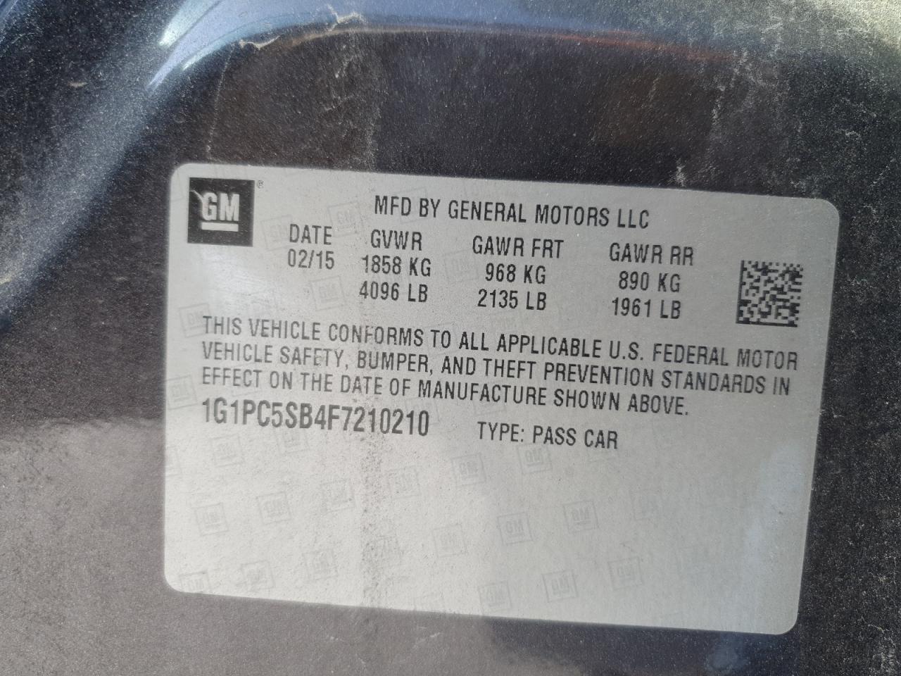 2015 Chevrolet Cruze VIN 1G1PC5SB4F7210210 Copart auction photo, mechanical / damage history damage thumbnail 12