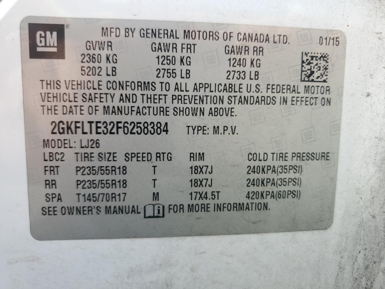2015 GMC Terrain VIN 2GKFLTE32F6258384 Copart auction photo, front end damage thumbnail 16