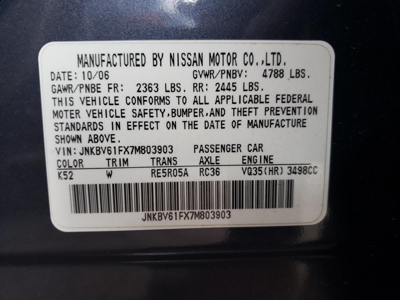 2007 Infiniti G VIN JNKBV61FX7M803903 Copart auction photo, side / minor dent/scratches damage thumbnail 12