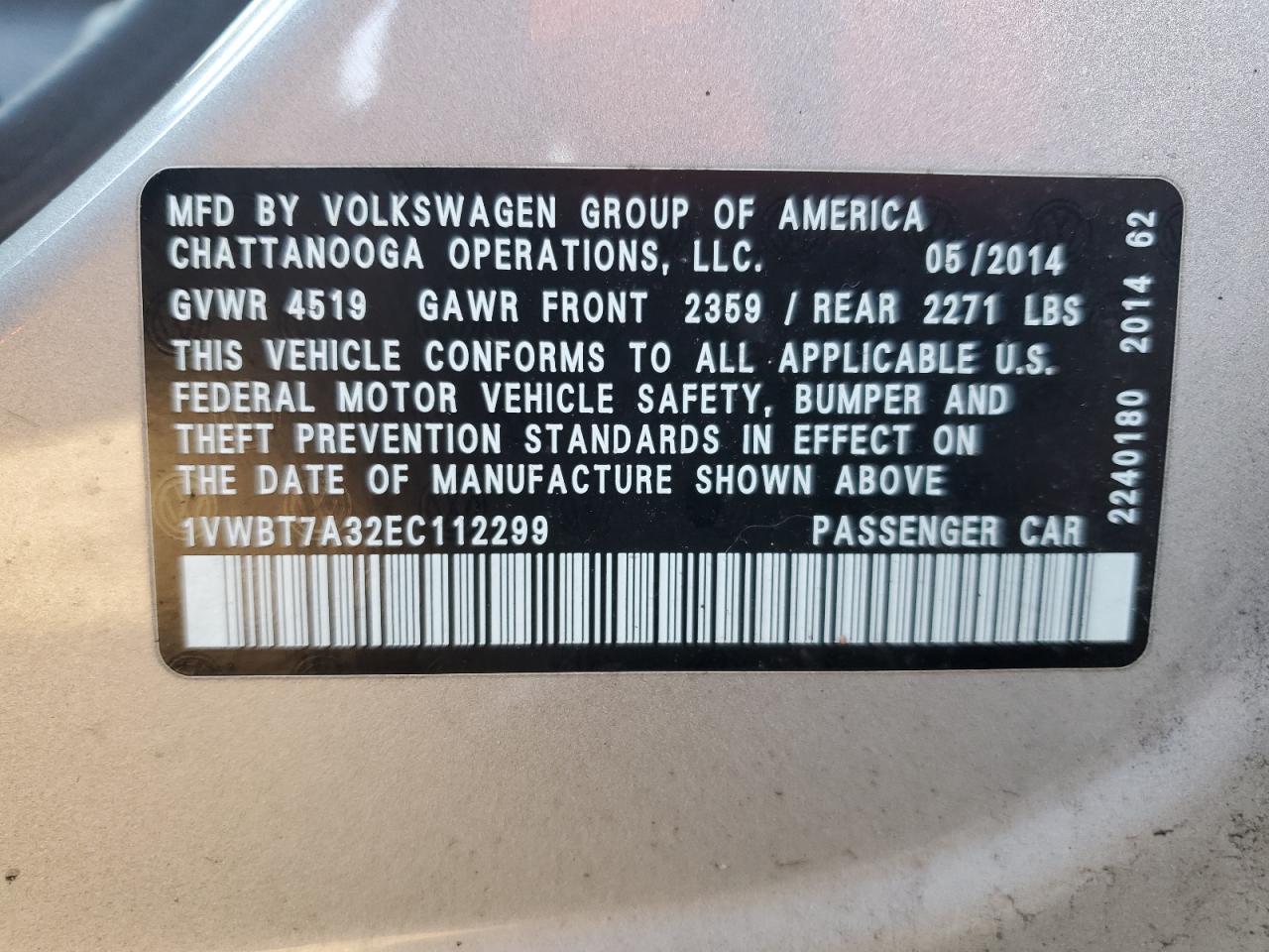 2014 Volkswagen Passat VIN 1VWBT7A32EC112299 Copart auction photo, front end / minor dent/scratches damage thumbnail 12
