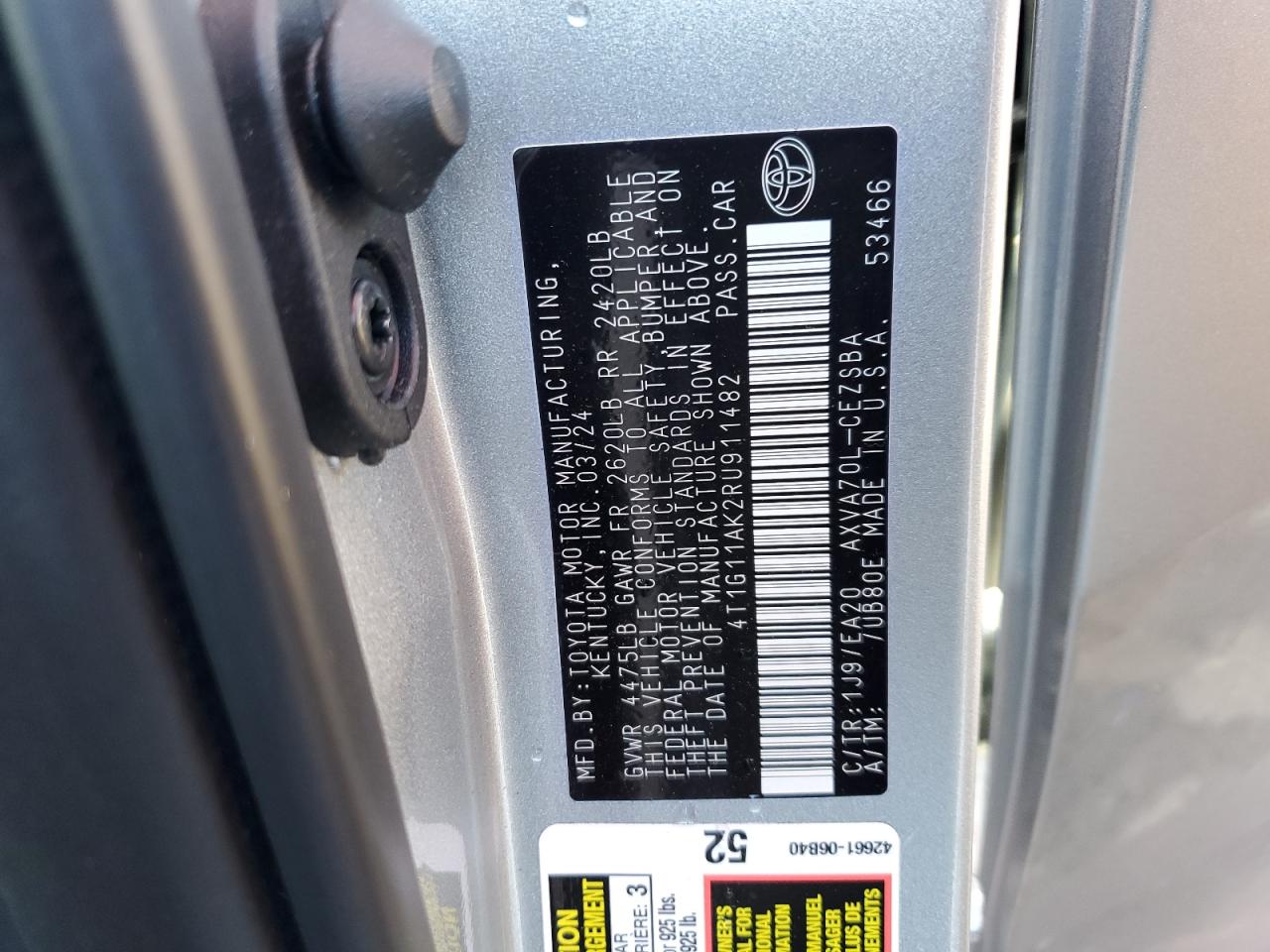 2024 Toyota Camry VIN 4T1G11AK2RU911482 Copart auction photo, front end damage thumbnail 14