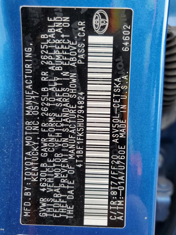 2017 Toyota Camry VIN 4T1BF1FK5HU794824 Copart auction photo, rear end / side damage thumbnail 12