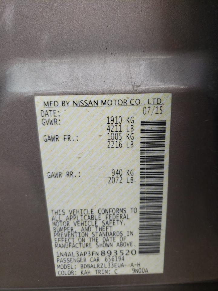2015 Nissan Altima VIN 1N4AL3AP3FN893520 Copart auction photo, minor dent/scratches damage thumbnail 12
