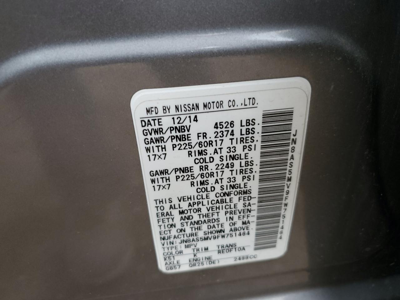 2015 Nissan Rogue VIN JN8AS5MV9FW751464 Copart auction photo, front end damage thumbnail 12