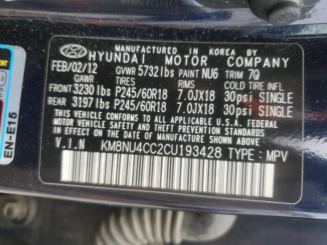 2012 Hyundai Veracruz VIN KM8NU4CC2CU193428 Copart auction photo, side / front end damage thumbnail 13