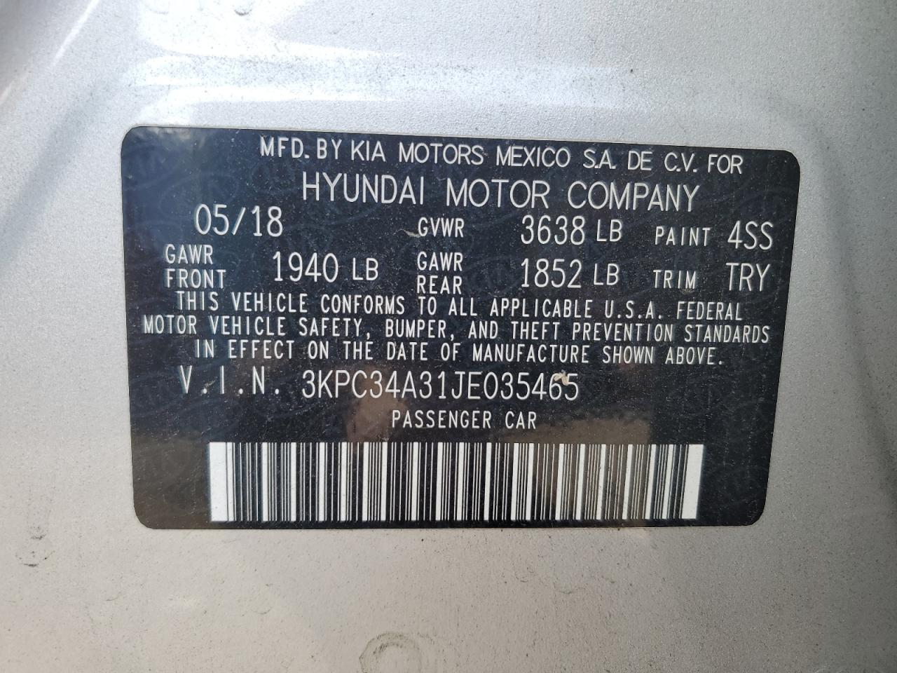 2018 Hyundai Accent VIN 3KPC34A31JE035465 Copart auction photo, front end / side damage thumbnail 14