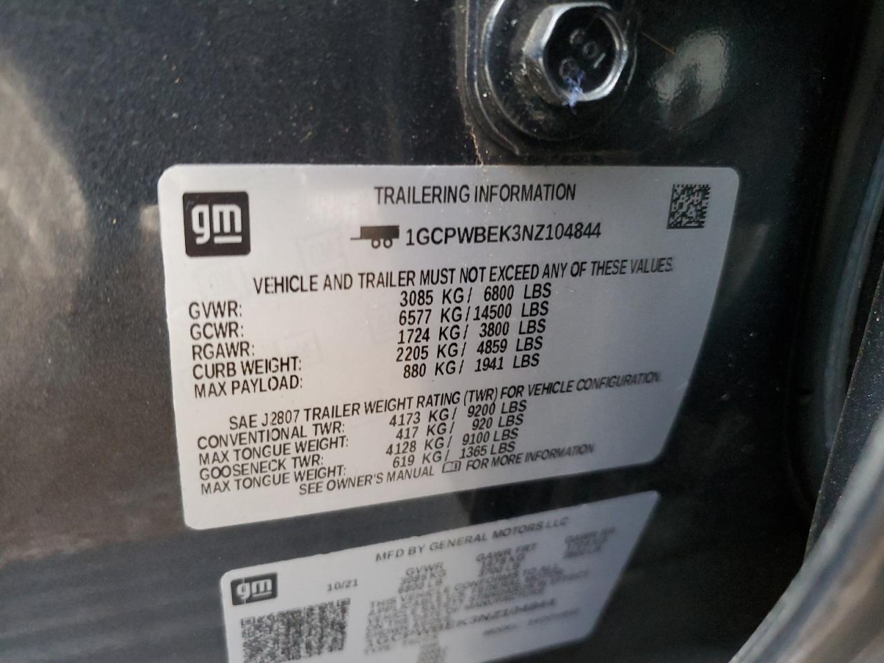 2022 Chevrolet Silverado VIN 1GCPWBEK3NZ104844 Copart auction photo, rear end / side damage thumbnail 13