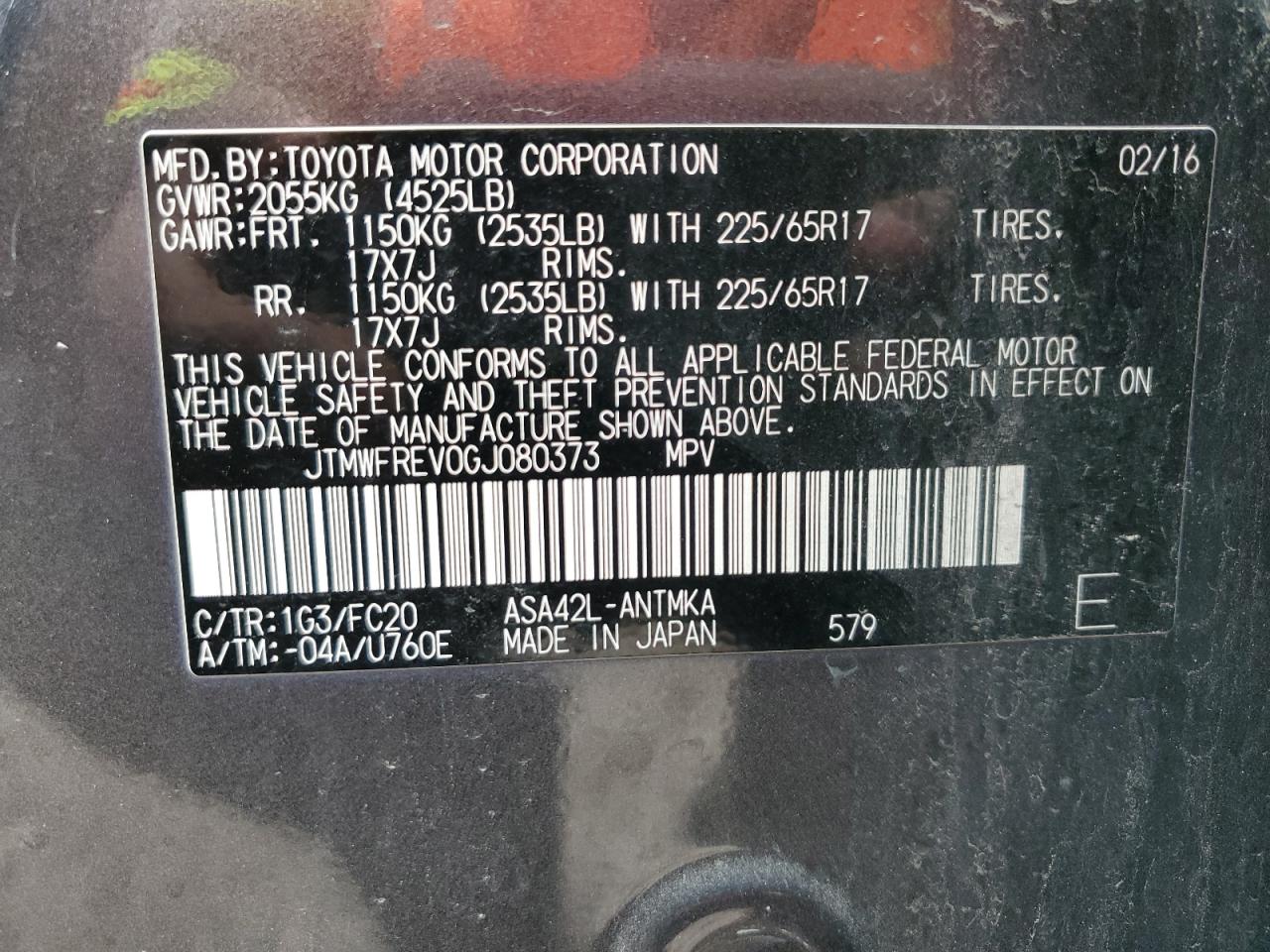 2016 Toyota RAV 4 VIN JTMWFREV0GJ080373 Copart auction photo, front end / side damage thumbnail 14