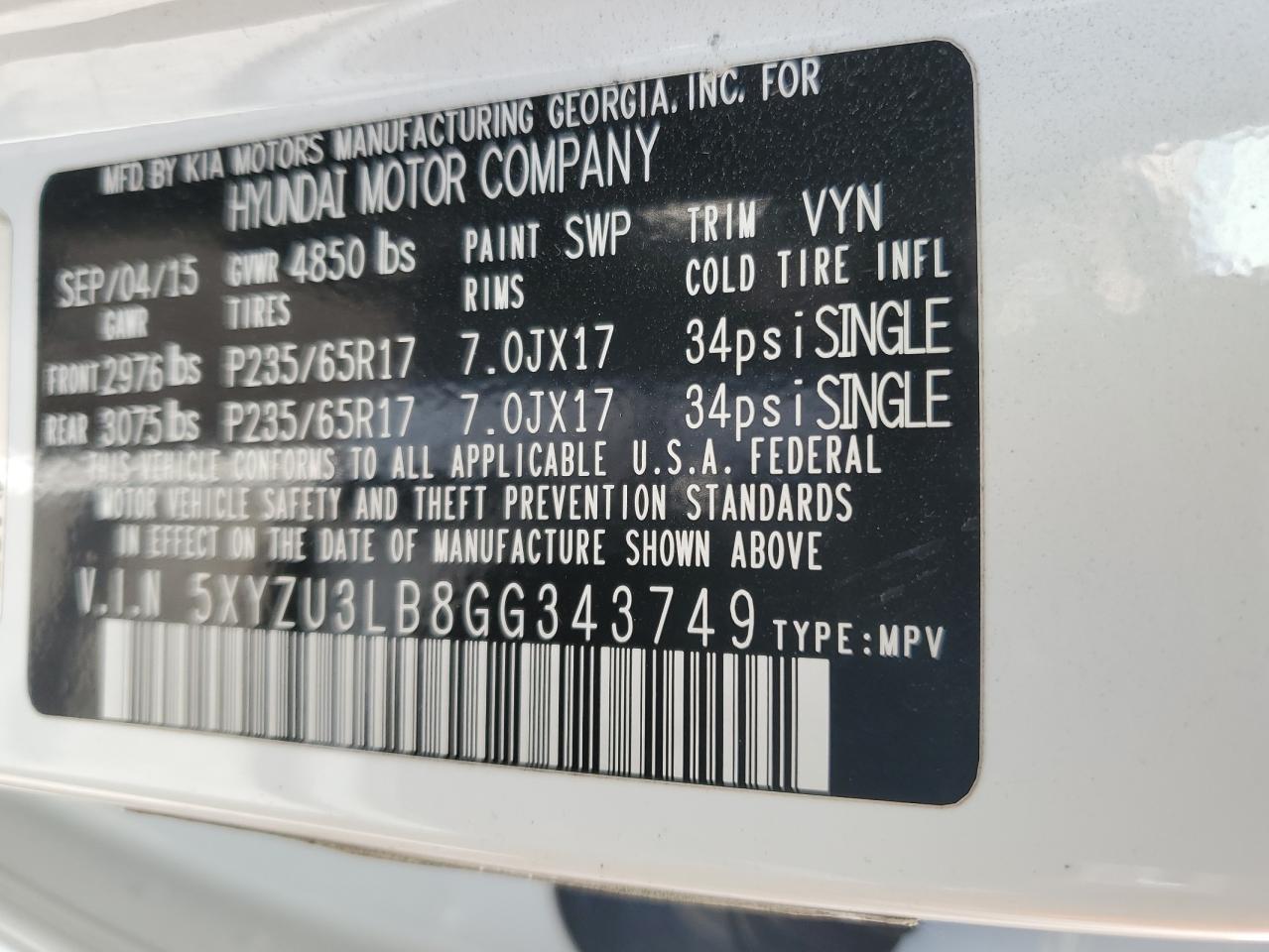 2016 Hyundai Santa Fe VIN 5XYZU3LB8GG343749 Copart auction photo, front end damage thumbnail 14