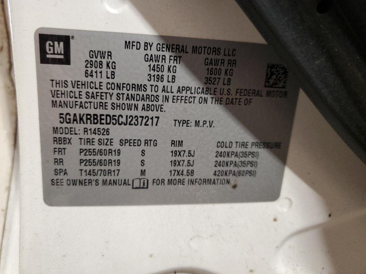 2012 Buick Enclave VIN 5GAKRBED5CJ237217 Copart auction photo, mechanical damage thumbnail 13