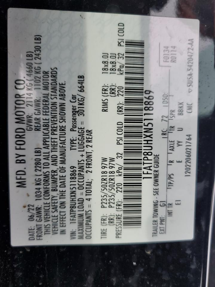 2022 Ford Mustang VIN 1FATP8UHXN5118869 Copart auction photo, all over / minor dent/scratches damage thumbnail 12