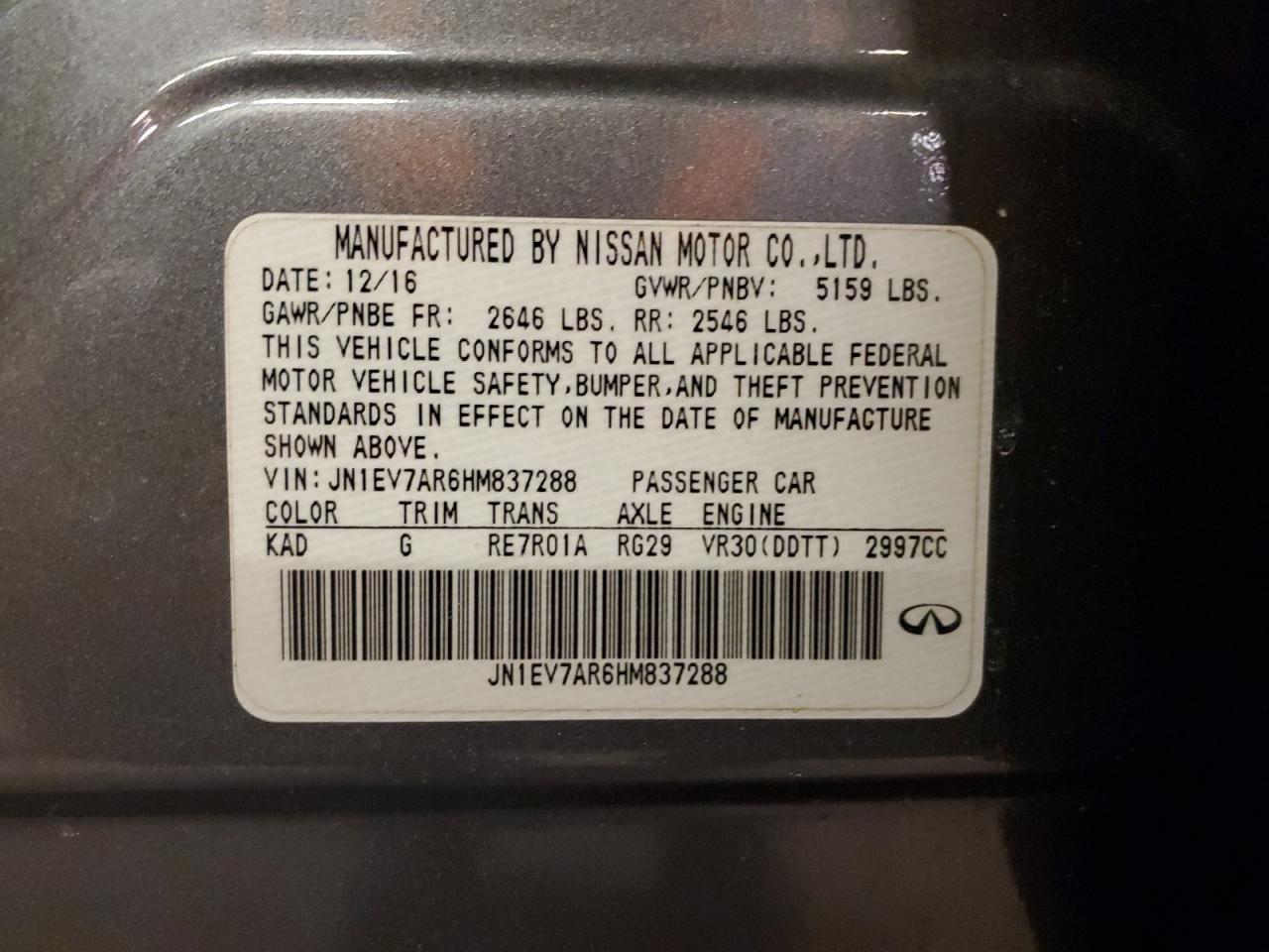 2017 Infiniti Q50 VIN JN1EV7AR6HM837288 Copart auction photo, front end / mechanical damage thumbnail 12