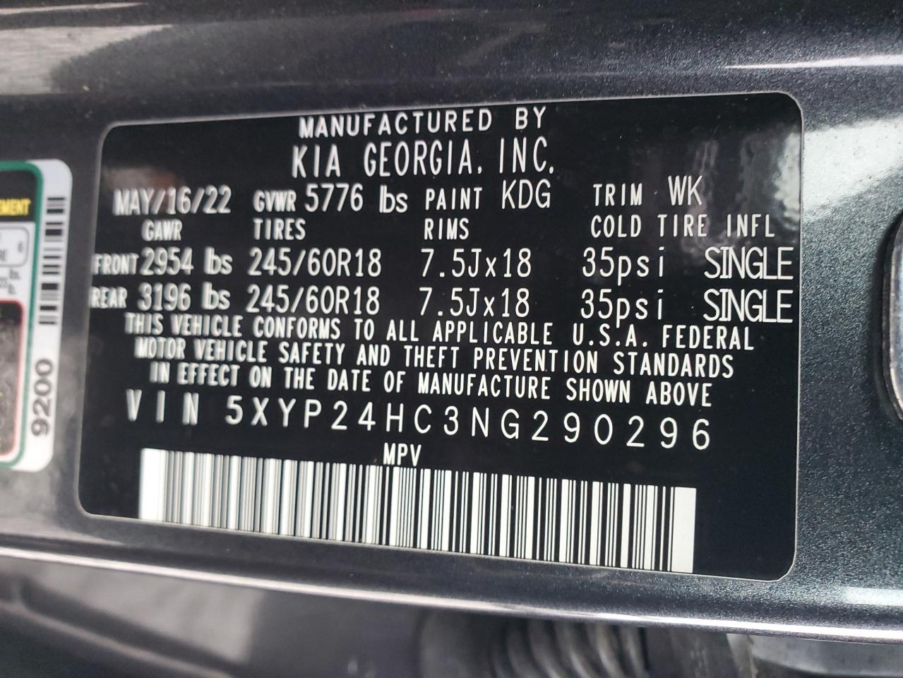 2022 KIA Telluride VIN 5XYP24HC3NG290296 Copart auction photo, hail damage thumbnail 12