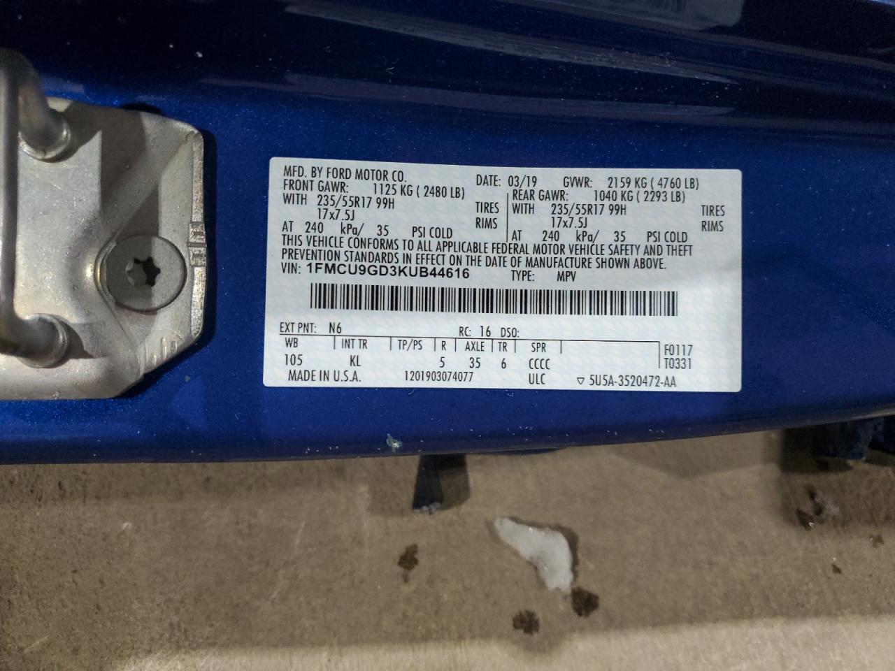 2019 Ford Escape VIN 1FMCU9GD3KUB44616 Copart auction photo, side / rear end damage thumbnail 15
