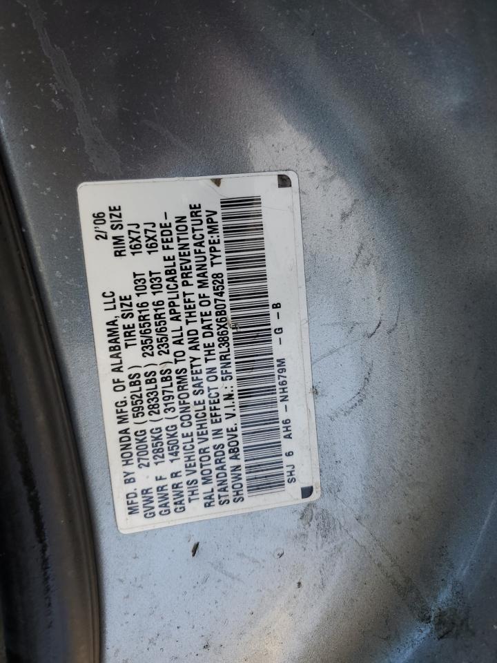 2006 Honda Odyssey VIN 5FNRL386X6B074528 Copart auction photo, front end damage thumbnail 15