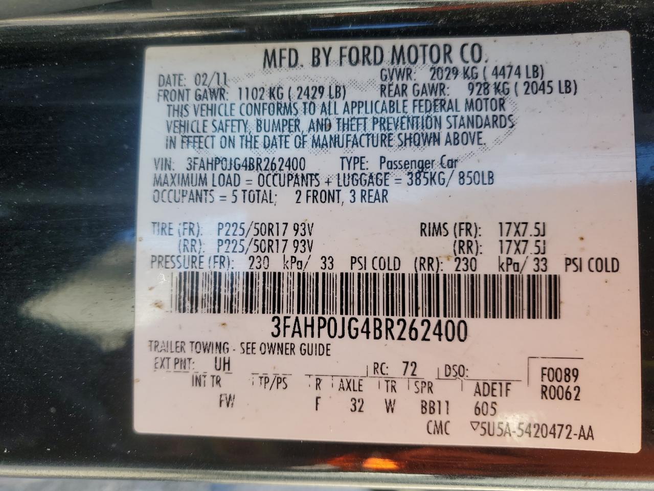 2011 Ford Fusion VIN 3FAHP0JG4BR262400 Copart auction photo, all over damage thumbnail 14