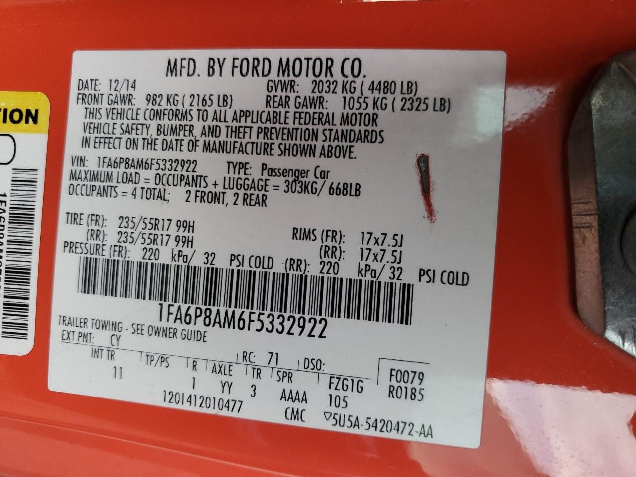 2015 Ford Mustang VIN 1FA6P8AM6F5332922 Copart auction photo, side / rear end damage thumbnail 12