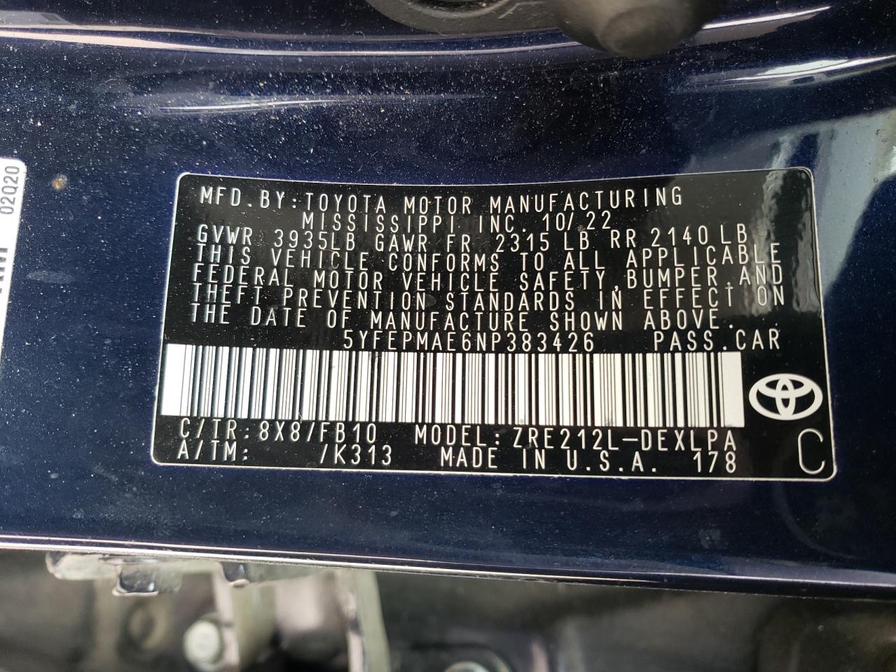 2022 Toyota Corolla VIN 5YFEPMAE6NP383426 Copart auction photo, side / front end damage thumbnail 12