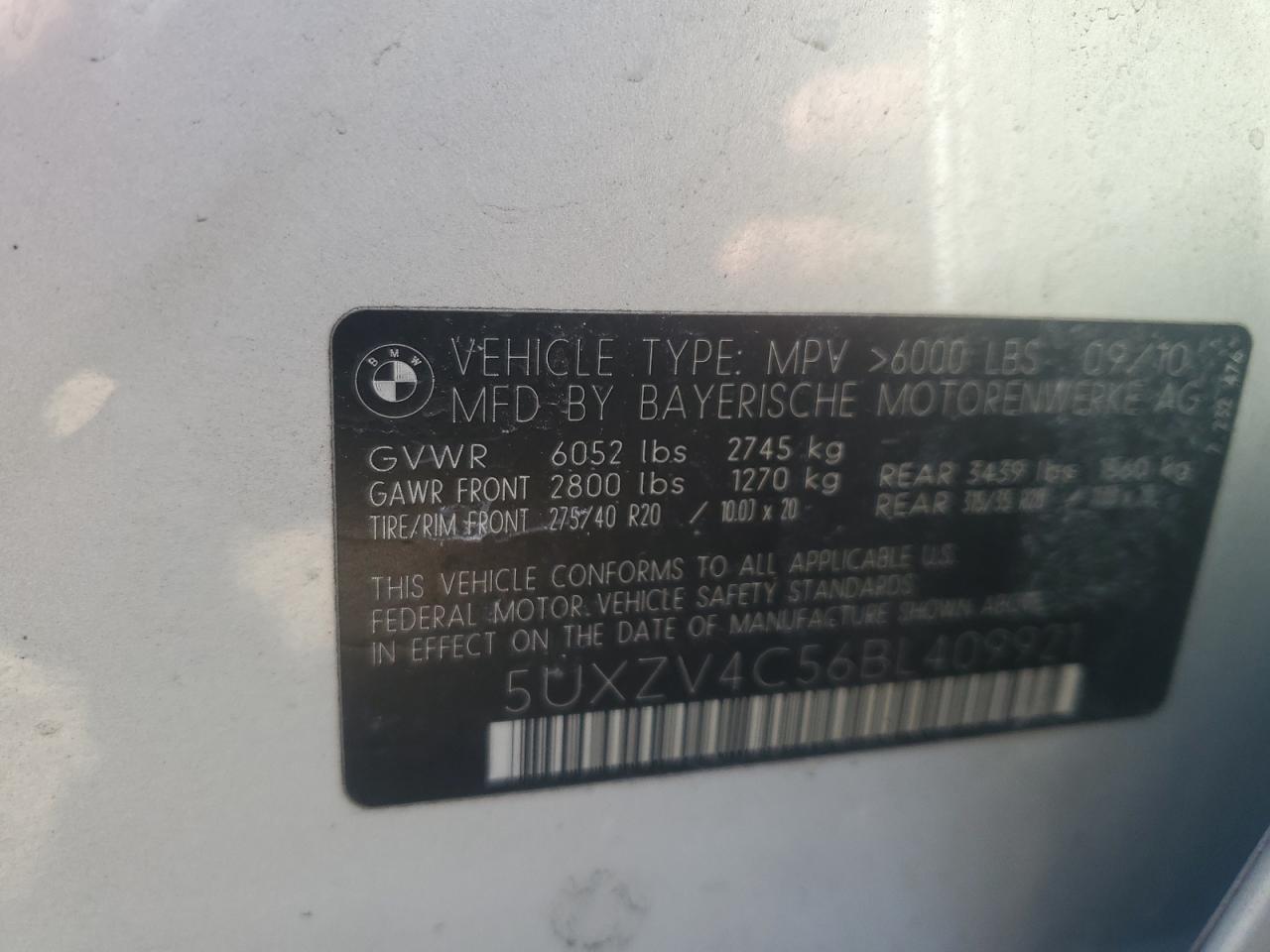 2011 BMW X5 VIN 5UXZV4C56BL409921 Copart auction photo, rear end / minor dent/scratches damage thumbnail 13