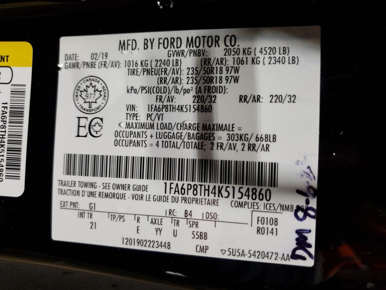 2019 Ford Mustang VIN 1FA6P8TH4K5154860 Copart auction photo, front end / side damage thumbnail 13