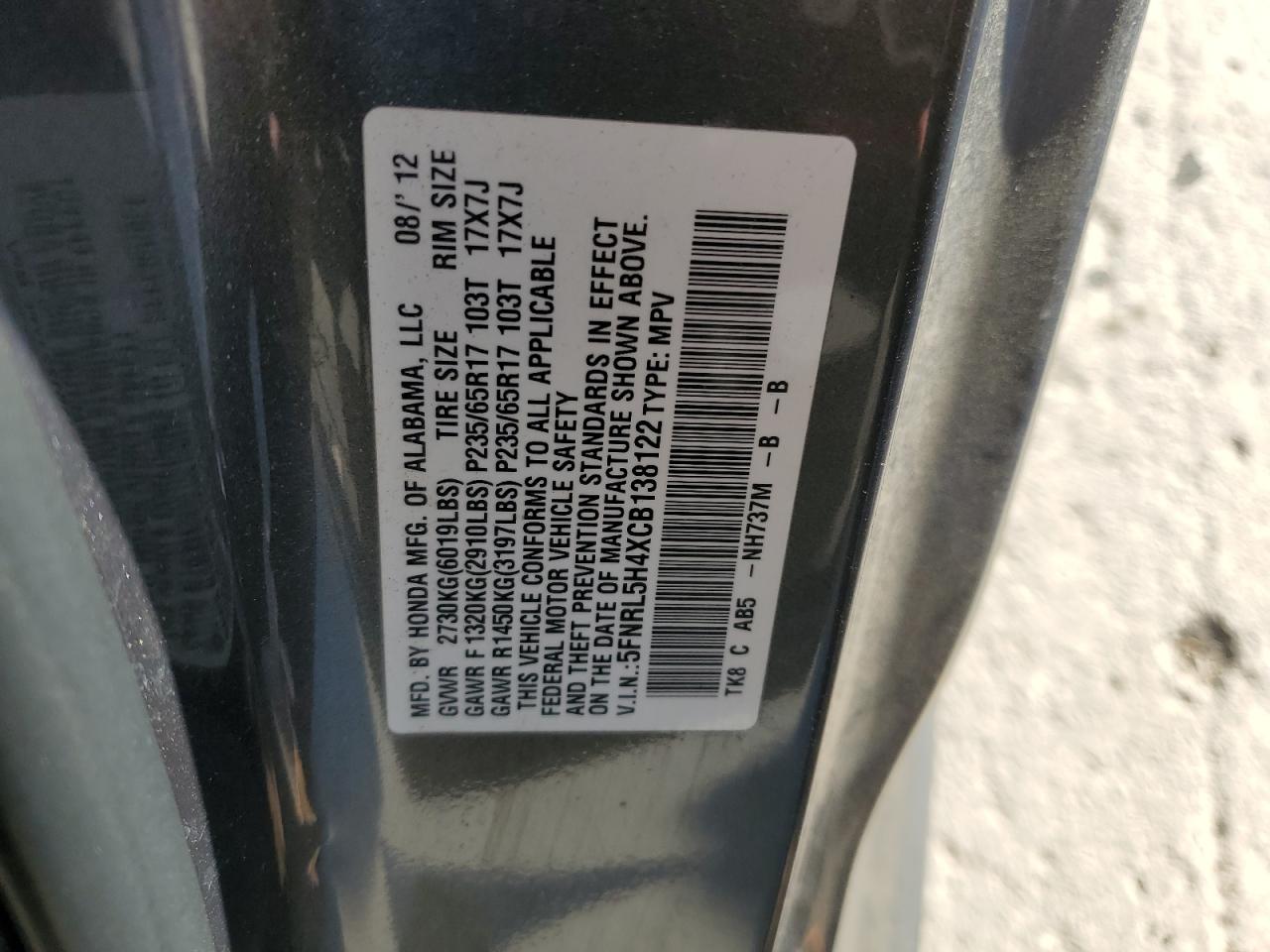 2012 Honda Odyssey VIN 5FNRL5H4XCB138122 Copart auction photo, front end damage thumbnail 15