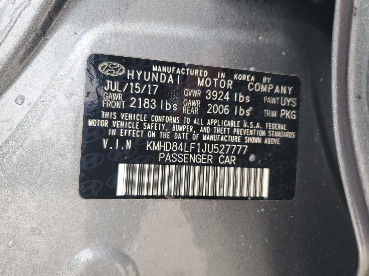 2018 Hyundai Elantra VIN KMHD84LF1JU527777 Copart auction photo, front end / side damage thumbnail 13