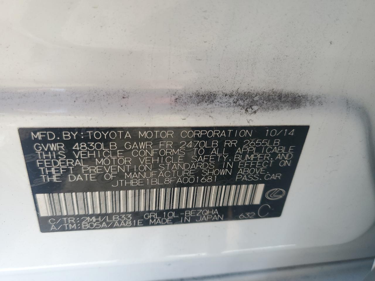 2015 Lexus GS VIN JTHBE1BL8FA001681 Copart auction photo, front end / minor dent/scratches damage thumbnail 13
