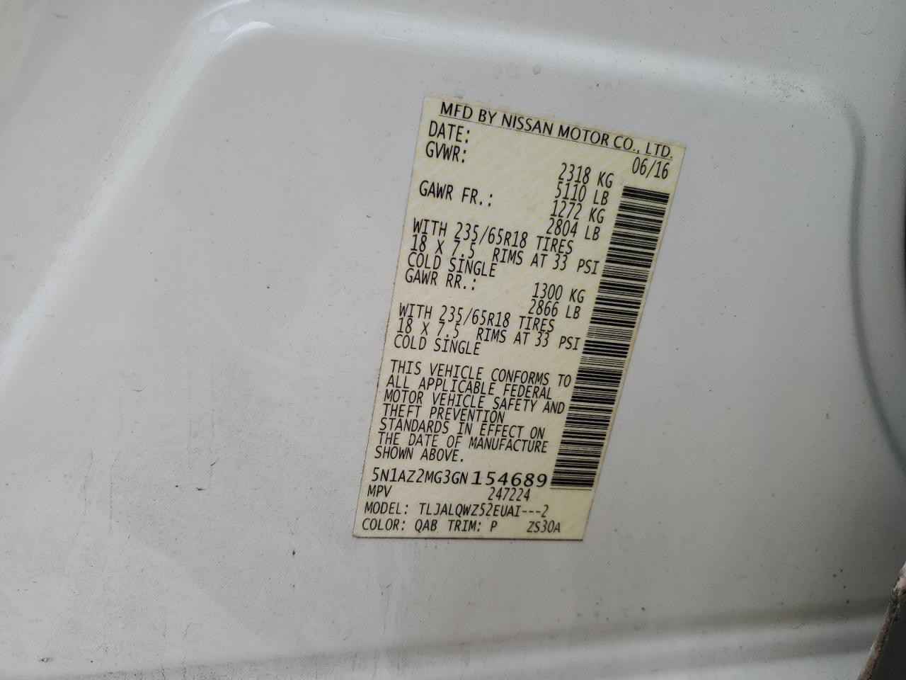 2016 Nissan Murano VIN 5N1AZ2MG3GN154689 Copart auction photo, front end damage thumbnail 15