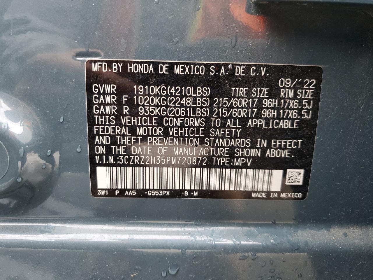 2023 Honda HR-V VIN 3CZRZ2H35PM720872 Copart auction photo, front end damage thumbnail 12