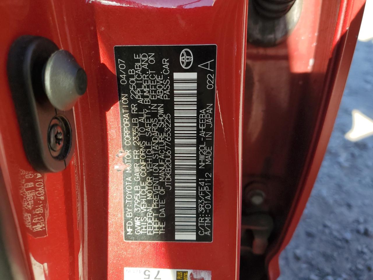 2007 Toyota Prius VIN JTDKB20U677653225 Copart auction photo, front end / rear end damage thumbnail 13