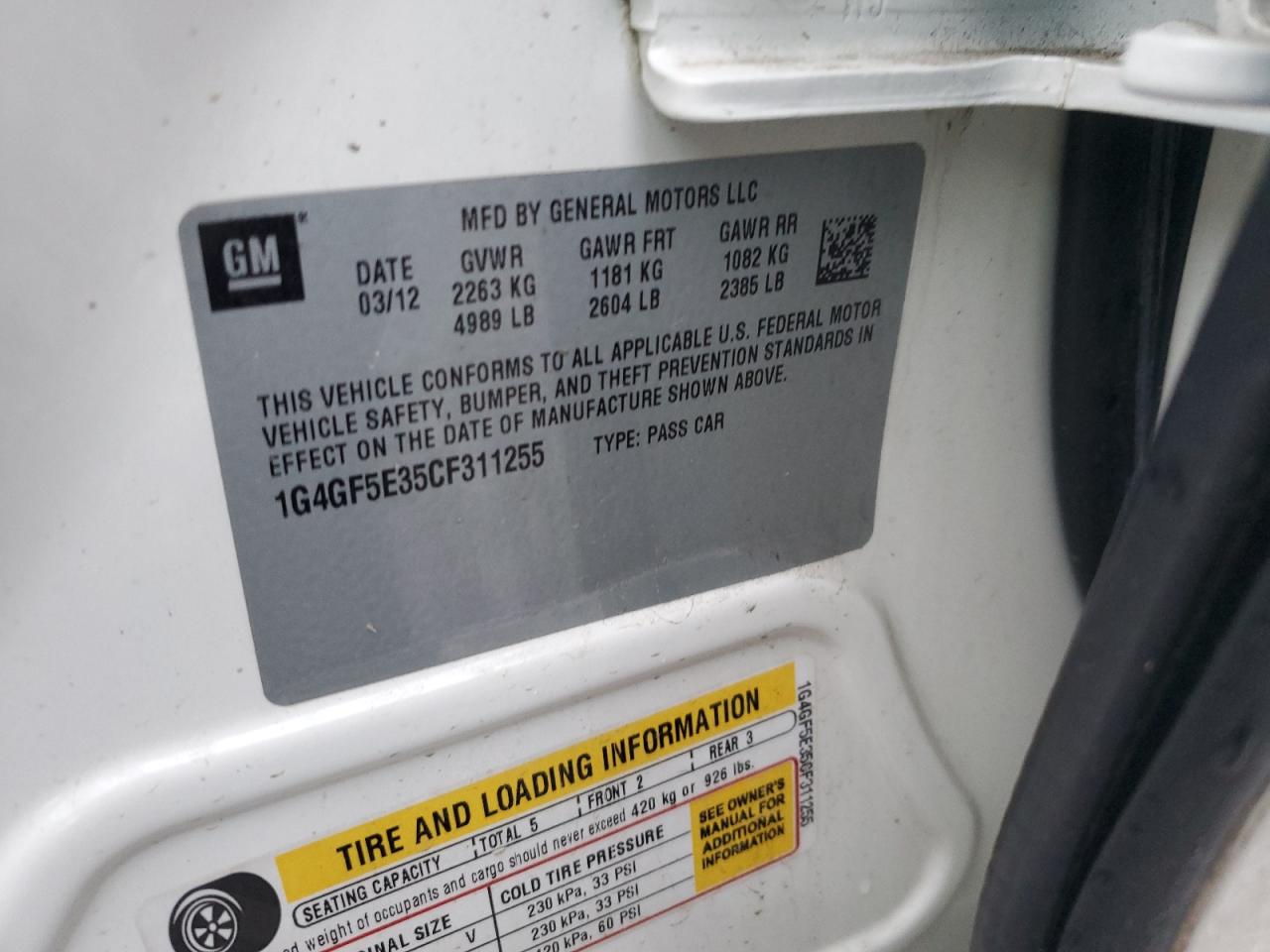 2012 Buick LaCrosse VIN 1G4GF5E35CF311255 Copart auction photo, rear end / frame damage damage thumbnail 15