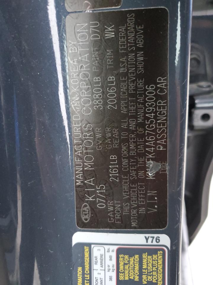 2016 KIA Forte VIN KNAFK4A67G5493006 Copart auction photo, all over damage thumbnail 15
