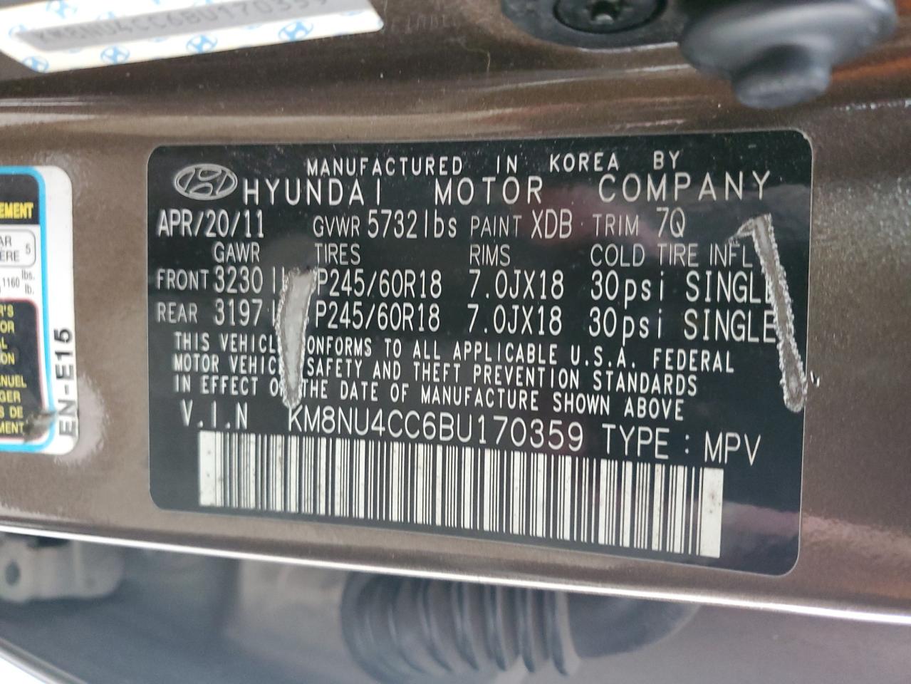 2011 Hyundai Veracruz VIN KM8NU4CC6BU170359 Copart auction photo, minor dent/scratches damage thumbnail 13