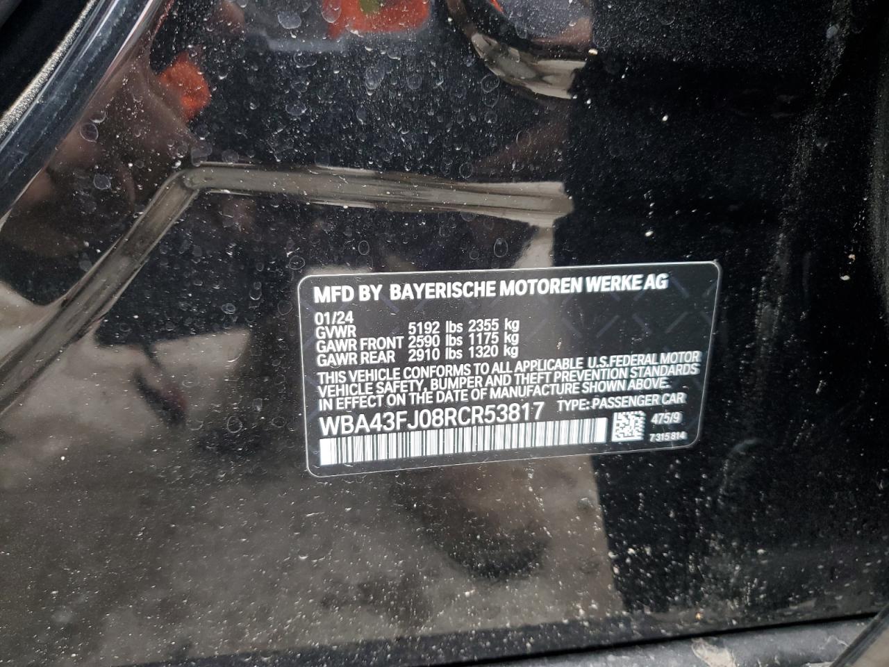 2024 BMW 5er VIN WBA43FJ08RCR53817 Copart auction photo, water/flood damage thumbnail 12