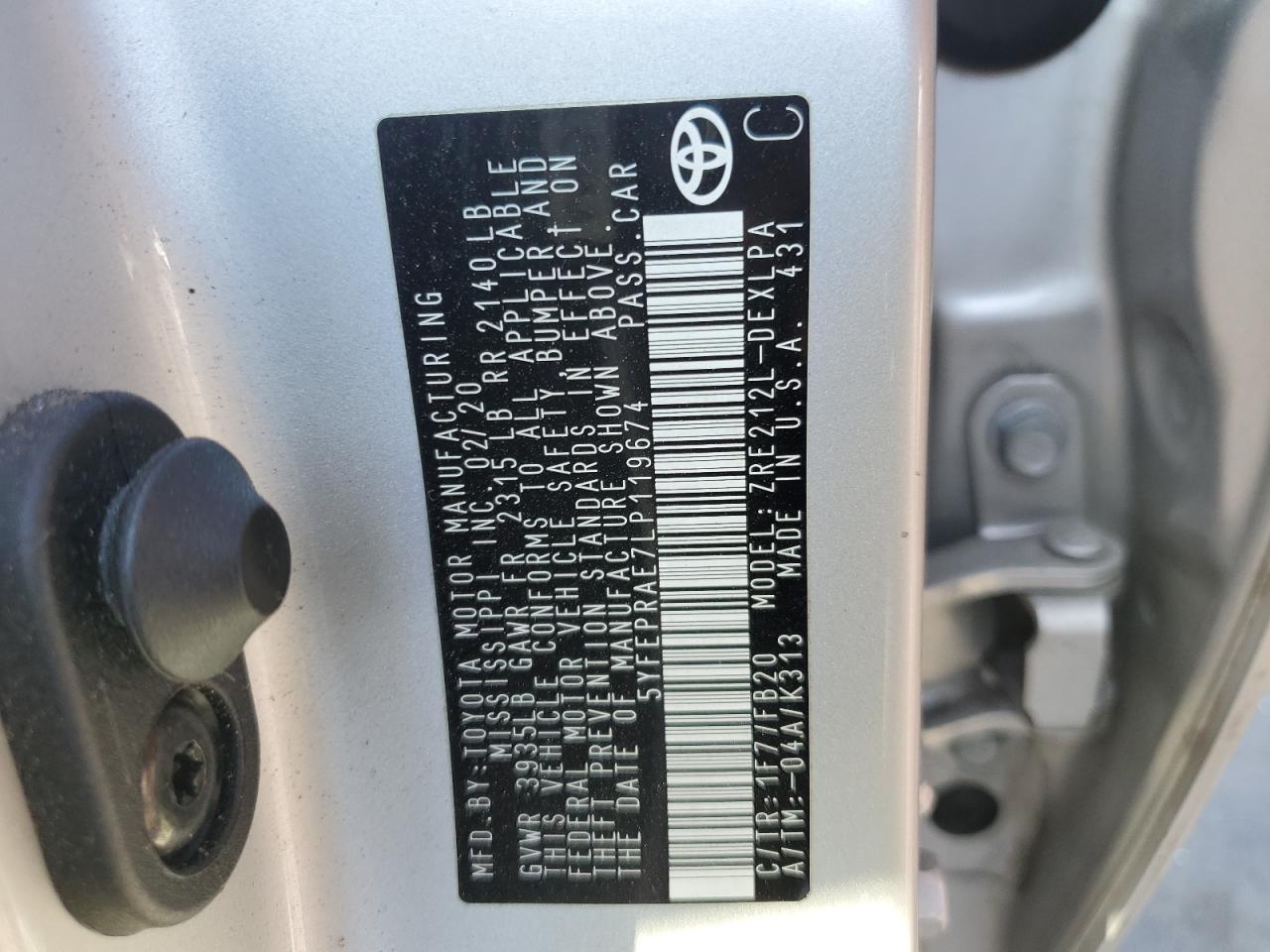 2020 Toyota Corolla VIN 5YFEPRAE7LP119674 Copart auction photo, front end / side damage thumbnail 14