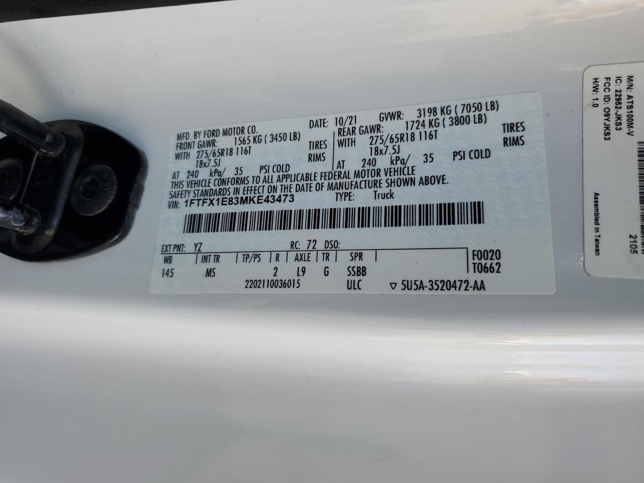 2021 Ford F-150 VIN 1FTFX1E83MKE43473 Copart auction photo, front end / rear end damage thumbnail 15